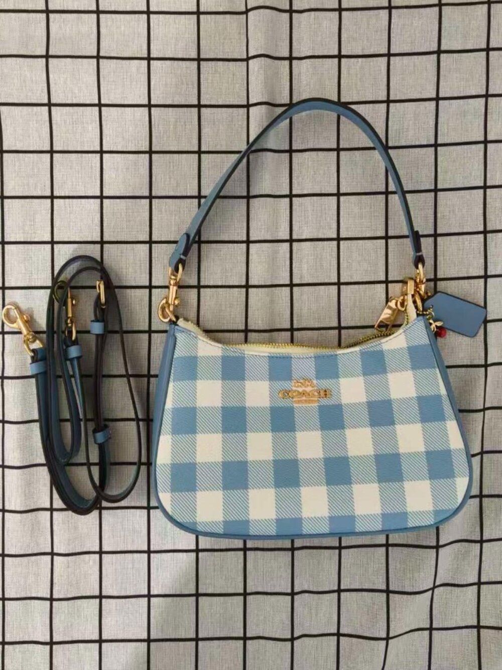 Coach Blue White Gingham Check Hobo Shoulder Bag, Detachable Crossbody Strap, Ch